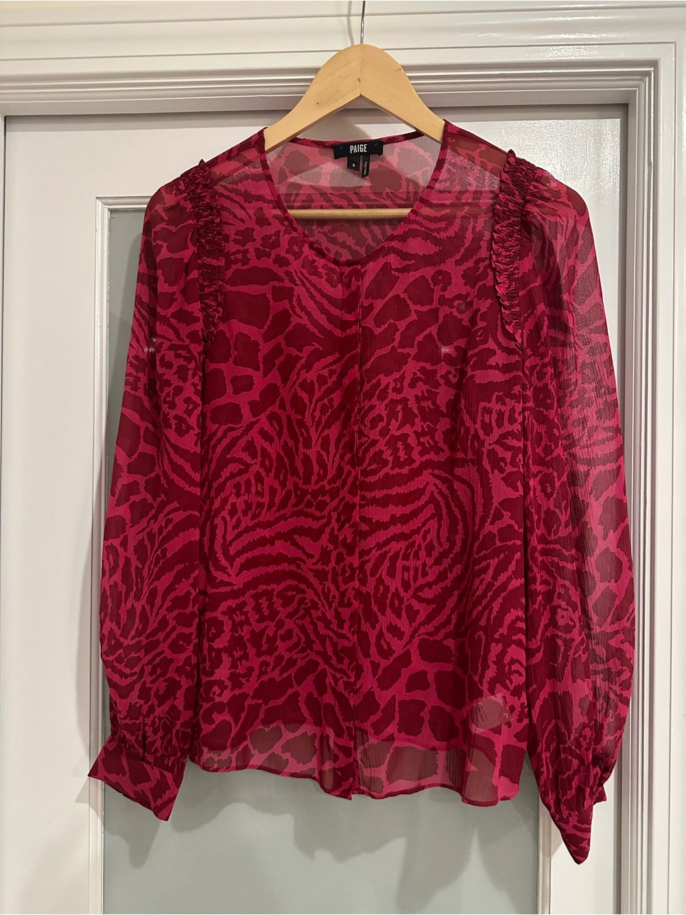 PAIGE Fuchsia-Red Animal Print Sheer Long-Sleeve Blouse